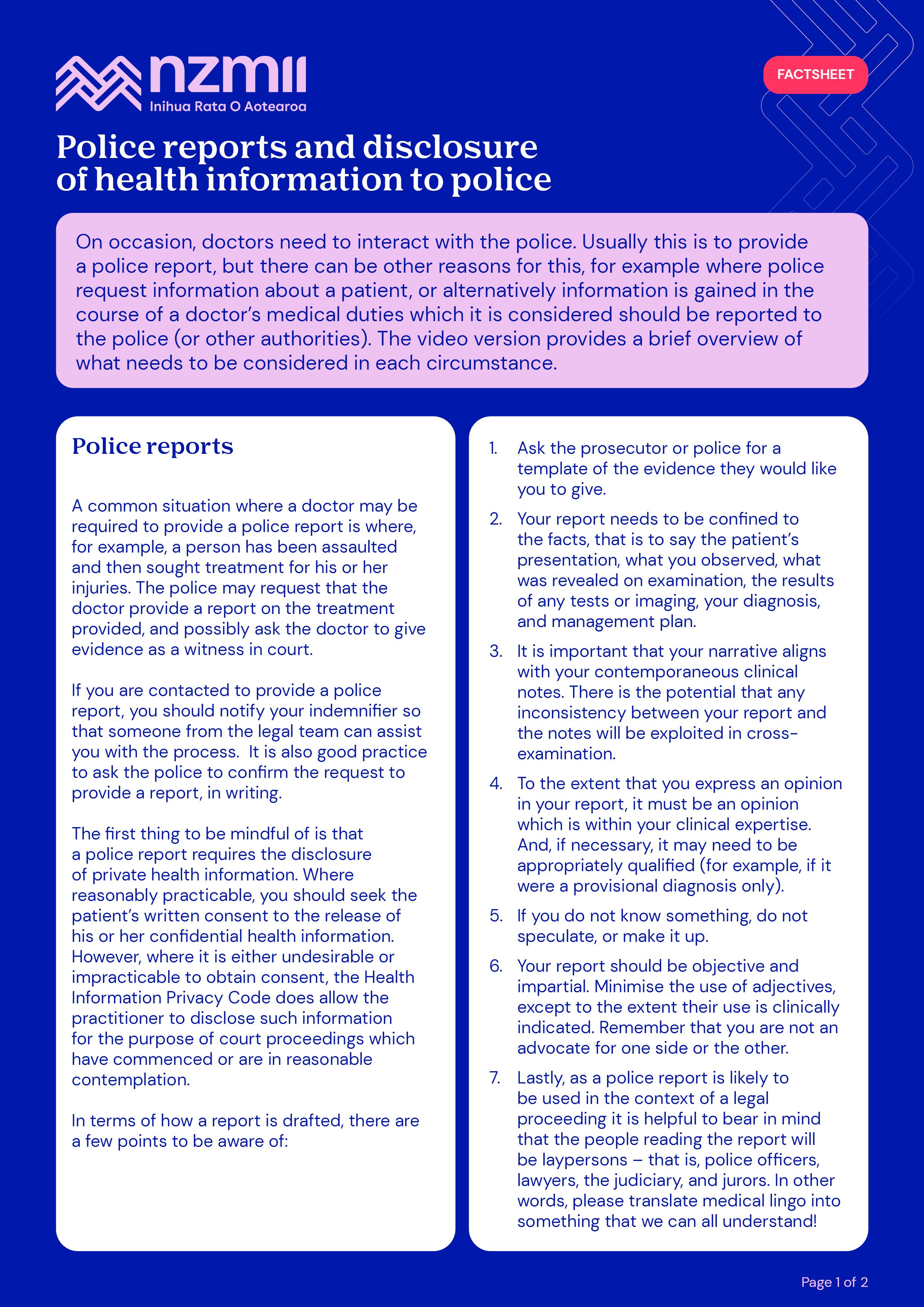 Police Reports and Disclosure of Health Information to Police Factsheet
